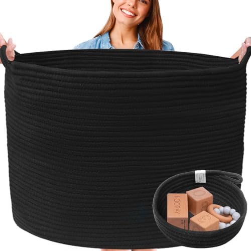 XXXXL WASHABLE Large Black Basket Blanket Basket Living Room 2PCs Toy Baskets Storage Kids Woven Rope XXX Extra Large Basket for Blankets,Pillows,Throws,Laundry + Small Basket | BIG Basket Blanket | Woven Decorative Cotton Rope Black Big Blanket Basket...