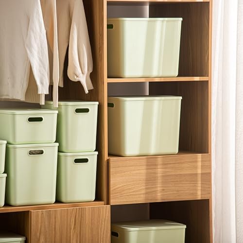 10 pack large plastic White storage bins with Lids, Toy Box Chest with Handle，Organizer Containers Baskets for Baby,Nursery，Shelves，Playroom, Bedroom，Office,Closet，home (Light Green, 5XL+5S)