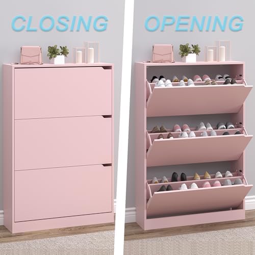 BORNOON Shoe Cabinet with 3 Flip Drawers, Hidden Wood Shoe Cabinet,Freestanding Shoe Storage Cabinet for Entryway Hallway.White. 47.2" H*31.5" W*9.45" D (Pink)