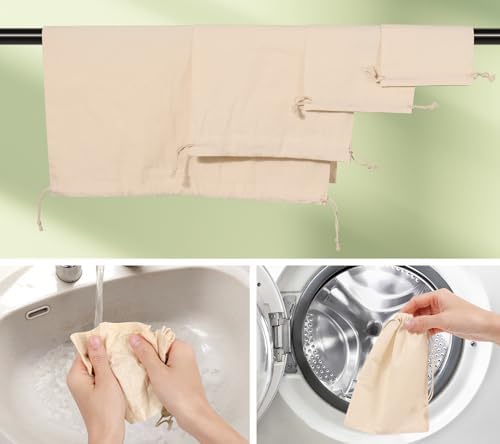 Hopttreely Reusable Cotton Drawstring Bags, Set of 8 Mixed Sizes (S,M,L,XL), Produce Bags for Bulk Food Storage