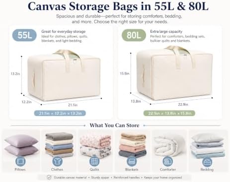 DoYiKe Soft Large Canvas Comforter Storage Bags with Four Carrying Handles and Clear Window, Closet Organizer for Clothing, Blankets Sheets Pillows and Bedding, 80L, 3 Pack, Beige