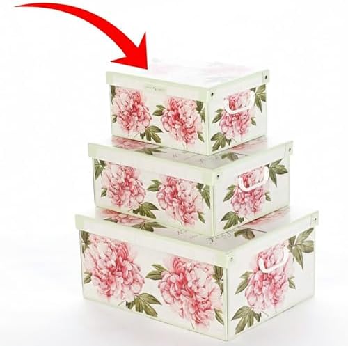 Lavatelli: Storage Box: Small - Peony - Lid & Side Handles, Decorative Cardboard Organizer, Stacks-Folds, Home-Clothes-Linen-Office, 13.8 x 9.8 x 6.9 | Floral Closet Organizer Box & Bedroom Garment Container – 25x35x17.5 cm