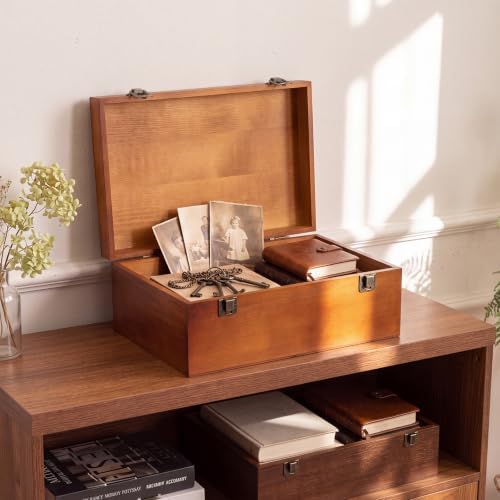 Sliner 1 Pcs Wooden Decorative Storage Boxes with Lids Vintage Wood Organizer Bins for Your Bookshelf Home Decor Safely Store Photos Documents Memory Jewelry Craft Storage (Warm Brown,M Size)