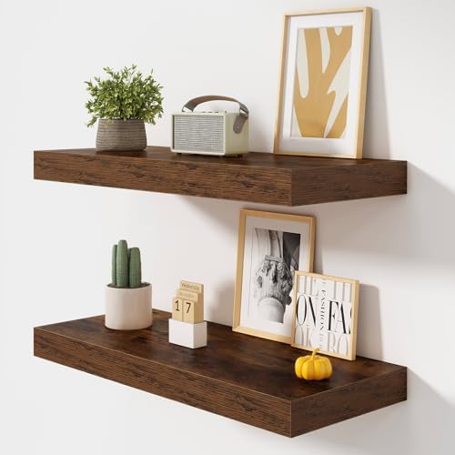 FLYJOE 32 Inch Floating Shelves, 12'' Deep Brown Shelves for Wall Set of 2