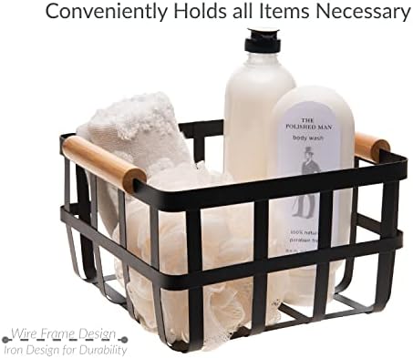 Simplify 4 Pack Square Metal Storage Basket with Bamboo Handles | Medium | Farmhouse Style Wire Basket | Home Organizer | Decorative | Rustic | Black (KIT-10037-BLACK-4PK)