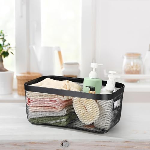 MorningRo 4 Pack Metal Mesh Basket with Hollow Handles Black Wire Storage Bin for Organizing Stackable Metal Fine Mesh Basket for Pantry Bathroom Kitchen Cabinets Shelves (X-Large)
