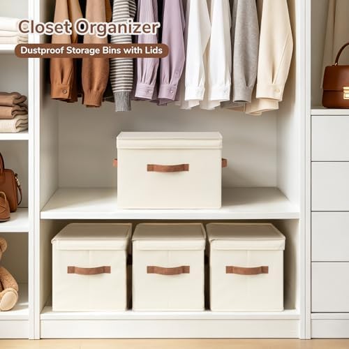 CHICVITA 4-Pack Medium Fabric Storage Baskets with Lids for Shelves,Ivory