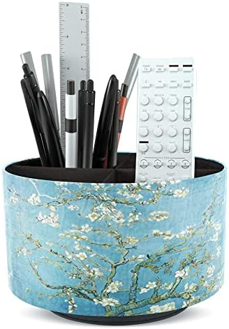 Round Leather Art Supply Organizer,Remote Control Holder,360 Degree Rotating,Multi-Functional Pencil Holder,4 Compartments Desktop Stationary Organizer(1-Peach Blossom)