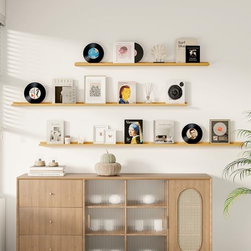 Fun Memories Picture Ledge Shelf, 60 Inch Floating Shelves Set of 2, Large Nursery Book Shelves for Toys Storage, Kids Bookshelf Wall Mounted for Wall Decor Books Photo Frames, Oak