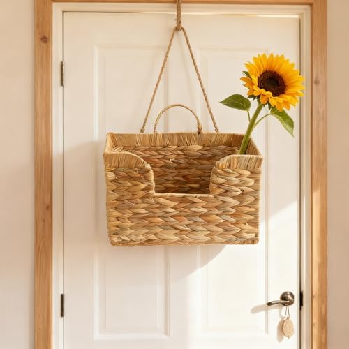 Extra-Strong Woven Wall Hanging Basket Organizer Decorative Handwoven Wicker Storage Organizer ,Space Saving Hanging Helf With Handles Perfect for Home ,Kitchen, Bathroom, Office Decor