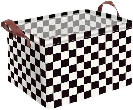 Checkered Storage Basket Waterproof Canvas Toy Storage Bin Race Car Room Decor Collapsible Outdoor Basket with Leather Handles Checkered Decor Car Blanket Baskets For Closets,Bedrooms,Gifts Baskets