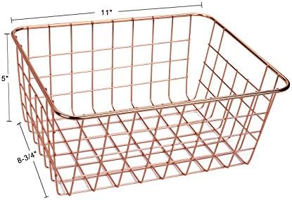 Jucoan 4 Pack Metal Wire Storage Baskets, Rose Gold Wire Baskets with Handles, Pantry Organizer Storage Bins for Kitchen, Freezer, Closet, Laundry Room, Cabinets