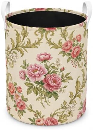 Vintage Rose Floral Laundry Basket, Cottagecore Elegant Pink Flower Waterproof Laundry Hamper Clothes Toys Storage Organizer Bin for Bathroom Bedroom