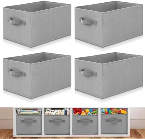Yinder 4 Pcs Cube Storage Bin Gray 14''x10''x8'' Storage Bins for Playroom Decor Colorful Bins for Kids Foldable Baskets for Nursery Organizer Boxes Fabric Boxes
