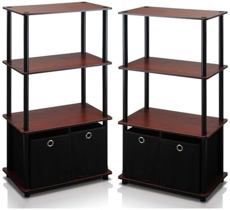 Furinno GO GREEN Storage Shelf Set of 2, 4-Tier Storage Rack with Bins, Book Shelf, Display Rack, with Storage Bins, for Organization and Storage, Living Room, Home Office, Dark Cherry