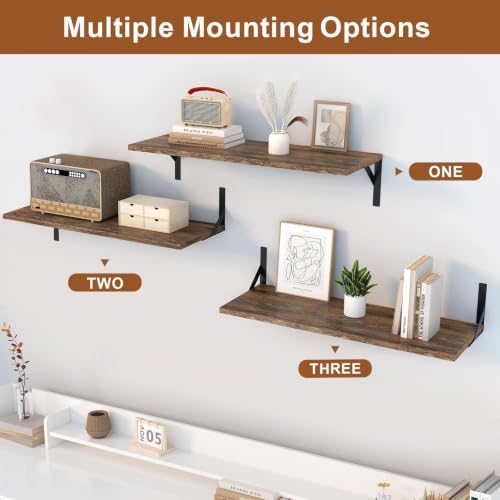 Long Wall Shelves, 48" W x 12" D Large Floating Shelves Set of 2, Wide Display Wood Shelf Wall Mounted with Heavy-Duty Metal Brackets for Bedroom Books, Living Room, Kitchen, Rustic Brown