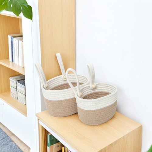 YAHUAN Cotton Hanging Basket for Organizing Hanging Wall Basket With Handle for Wall Decor Bedroom Car Seat Back Stroller (Khaki white)
