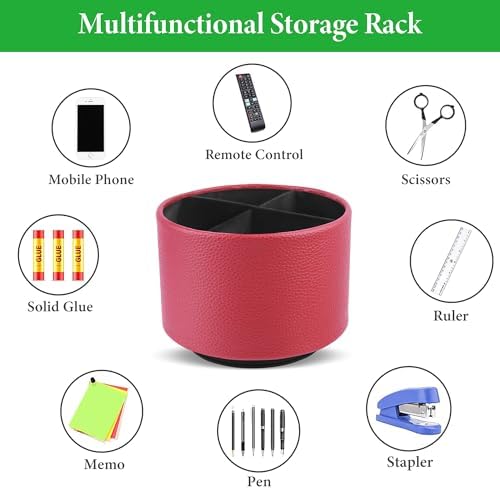 Round Leather Art Supply Organizer,Remote Control Holder,360 Degree Spinning,Multi-Functional Pencil Holder,4 Compartments Desktop Stationary Organizer(1-Lichee Red)