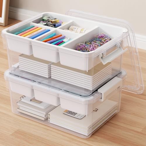 40Qt Stackable Storage Bins with Lids Trays Craft Box Organizers, 2Pack,WH
