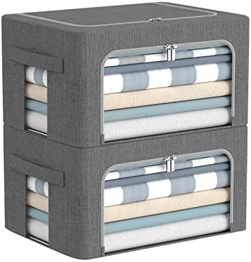 Clothes Storage Bins Box - Linen Fabric Foldable Stackable Container Organizer Set with Clear Window & Carry Handles & Metal Frame - 2Pack Large Capacity for Bedding, Blankets, Books