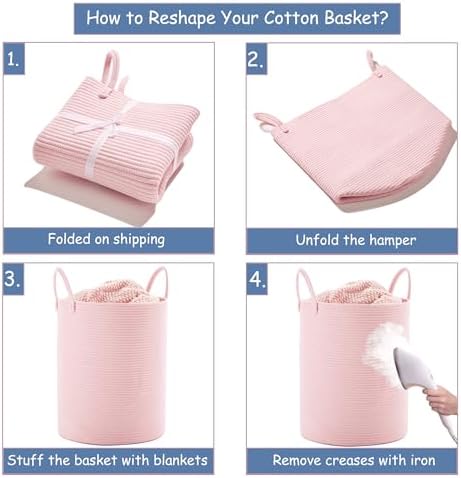 Large Pink Hamper Laundry Basket for Baby Kids 15Dx20H inches | Woven Rope Nursery Hamper for Girls Room Bedroom Kawaii Laundry Bin 60L Capacity
