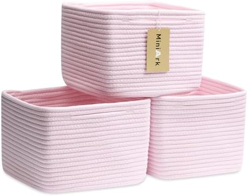 MiniArk Small Organizing Baskets for Cubes Shelf, 9.7x9.7x7.1 Inch Rope Woven Storage Bins for Nursery Shelves Storage, Cute Toy Basket, Square 3 Packs Light Pink