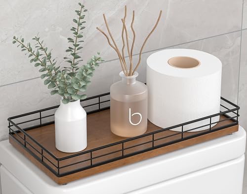 Toilet Paper Basket Organizer, Oak Wood Toilet Tank Tray with Metal Frame