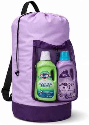Backpack Laundry Bag, Durable polyster Laundry Backpack Bag with Shoulder Straps, Drawstring Closure & Mesh Pocket, Large Clothes Hamper for Dorm, Travel, Laundromat (Purple)