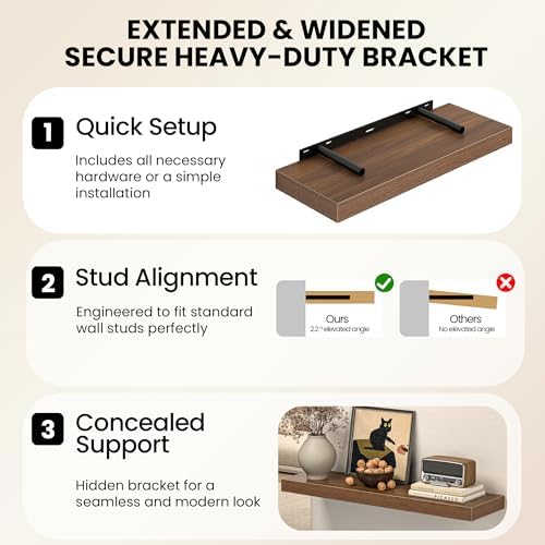 Floating Shelves for Wall, 24 Inch Floating Shelves Set of 2, Wall Mounted Rustic Wood Shelf for Bathroom, Living Room, Bedroom and Kitchen, Hanging Shelf for Storage, Books, Home Decor, Walnut