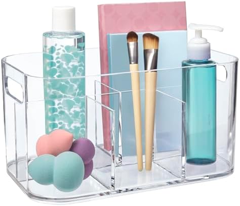 STORi Bliss 5-Compartment Plastic Cosmetics Storage Organizer | Clear | Rectangular Divided Makeup Bin & Vanity Caddy with Pass-Through Handles | Round Corner Design | Made in USA