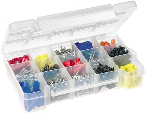 Akro-Mils 05705 Plastic Portable Parts Storage Case for Hardware and Crafts with Hinged Lid and 4 Adjustable Dividers, (8-3/8 x 5 x 1-5/8)-Inch, Small, Clear (Pack of 12)