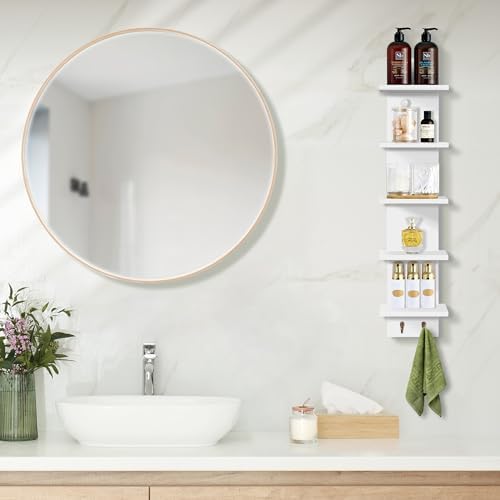 Sorbus 5-Tier Floating Wall Shelf with Hooks, 31 Inch (1 Pack, White) | Vertical five-level utility organization for kitchens, bedrooms and bathrooms; holds towels and mounted essentials.