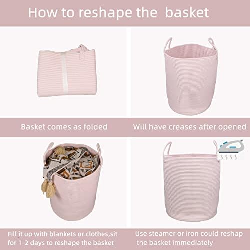 Woven Cotton Rope Laundry Basket, 15" x 20" Laundry Hamper, Pink | Rope storage basket for dirty clothes, toys and blankets. Perfect for bathroom, baby nursery and living room storage.
