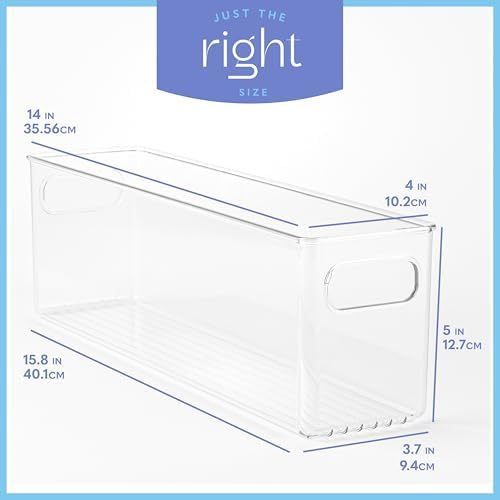 Plastic Food Storage 2 Pack Clear Container Bin with Handles for Organizing Kitchen, Pantry, Refrigerator, Freezer, Pantry, Cabinet, Closet, Bathroom. 14”x4”x5”
