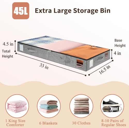combocube 4 Pack Under Bed Storage Containers, 4.5" Low Profile Underbed Storage Bins with Sturdy Support, Stackable Space Saving Organizer with 4 Handles & Label Windows for Shoes Clothes Blankets