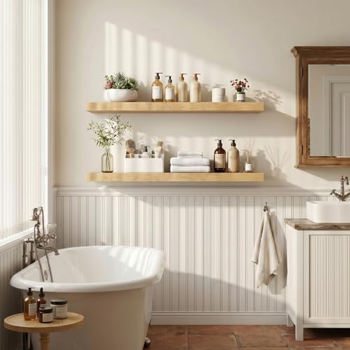 Fun Memories 55 Inch Long Floating Shelves for Wall, 8" Deep Floating Shelves for Bathroom Living Room Bedroom, Rustic Wall Mounted Shelf with Invisible Heavy-Duty Bracket, Set of 2, Oak