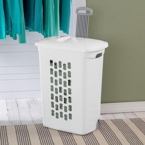Sterilite Ultra Wheeled Hamper, Laundry Basket w/Flip-Top Lid, 18-Pack | Plastic Rolling Clothes Storage Cart with Retractable Handle & Ventilated Holes for Home, Apartment or Dorm