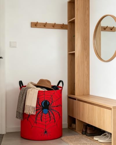 ESSME Kids Laundry Basket,Spider Hamper Collapsible Canvas Waterproof Storage Bin for Boys, Cute Hamper,Gift Baskets(Red spider)