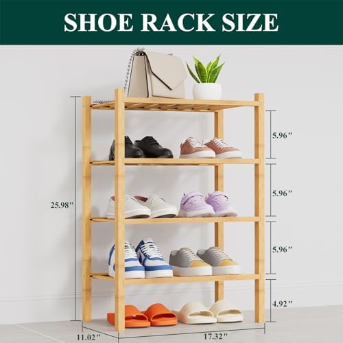 Smiry Bamboo Shoe Rack, 8 Vertical Slats, 4 Tier - 17.3" Wide, Natural