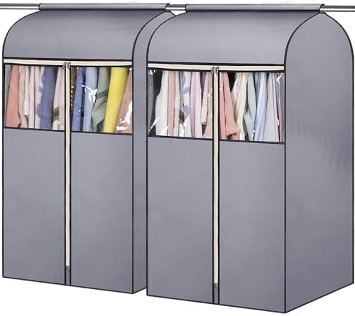 SLEEPING LAMB 35" Garment Bags for Hanging Clothes Storage, Sealed Completely Clothing Rack with Cover with Zipper Clear PVC Window Coat Cover for Closet, Sweaters, Suits protector, 2 Packs, Grey