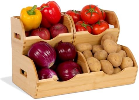 Bamboo Pantry Storage Bins,Fruits and Vegetables Basket | Stackable Potato & Onion Storage Bin for Kitchen Countertop,Multiuse - Set of 3 Pack
