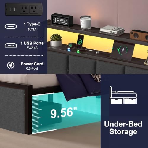 Twin Bed Frame with Storage Drawers, Charging Station and LED Lights, Upholstered Headboard with 2-Tier Shelves, Heavy Duty Metal Slats, No Box Spring Needed, Noise Free, Easy Assembly