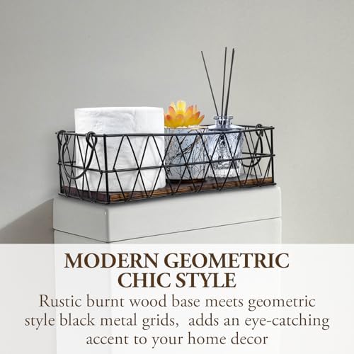 MyGift 2 Piece Wall Mounted Black Geometric Metal Nesting Storage Basket with Rustic Solid Burnt Wood Base, Small Tabletop Decorative Metal Wire Bins with Handles
