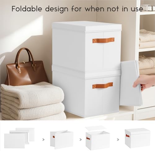 Homsorout Storage Bins with Lids - Fabric Storage Baskets for Shelves, 4 Pack Foldable Decorative Boxes with Handles, Stackable Organizer Bins for Home, Nursery, Dorm, White