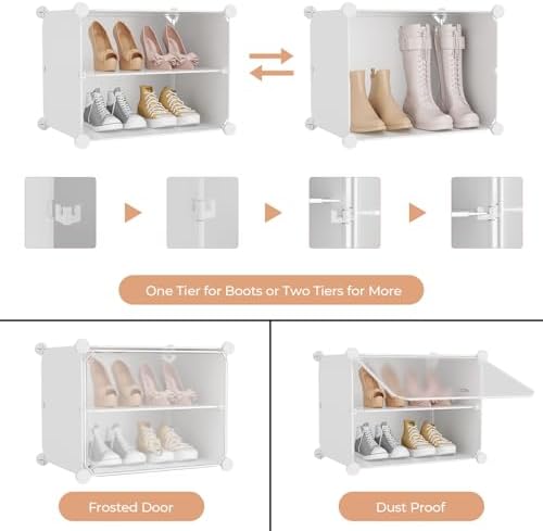 Shoe Rack 8 Tier Shoe Storage Cabinet with Door 32 Pair Tall Shoes Rack Organizer Free Standing Expandable Stable Plastic Easy Assembly Shoes Shelf for Closet Hallway Entryway Bedroom White