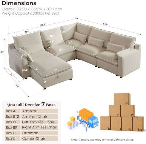 WorthFurni Modern Modular Sectional Sofa,105" V Shape Sectional Cloud Couch with Storage Ottoman,Comfty 6 Seat Sofa for Living Room,Beige Chenille