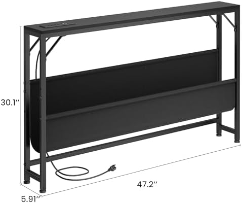 Asgolion Narrow Console Table with Power Outlet, 47.2" Thin Entryway Table | Skinny Console Table, Long Sofa Side Table, Behind Couch Table for Living Room, Foyer, Hallway, Black