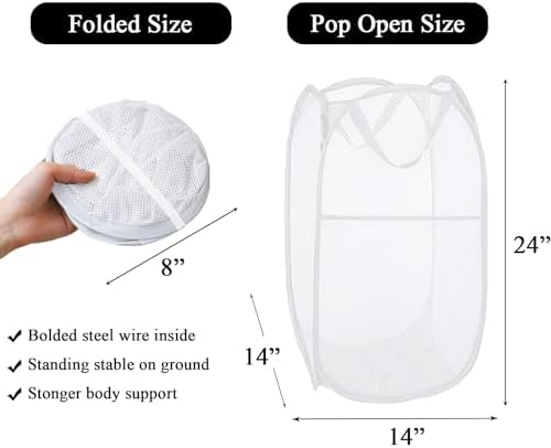 Larpur Pop Up Laundry Hampers, 2 pcs Portable White Mesh Laundry Baskets | Collapsible Clothes Laundry Bin for Bedroom, Travel, Bathroom, College Dorm, Cruise