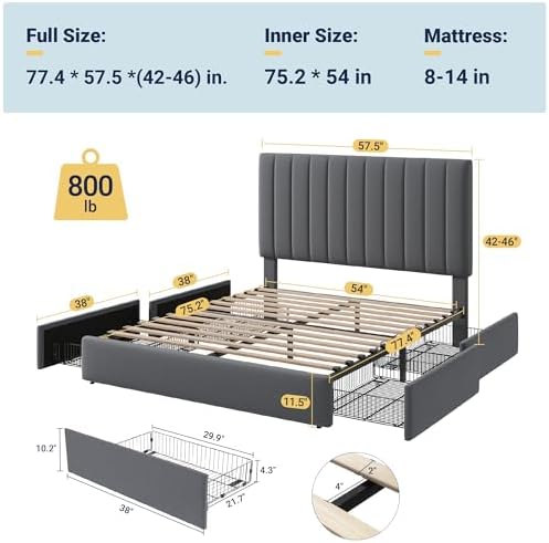 Allewie Full Size Storage Bed Frame, Vertical Channel Tufted Adjustable Headboard, Velvet Upholstered Platform Bed with 4 Oversized Underbed Drawers, Wooden Slats Support, No Box Spring Needed, Grey