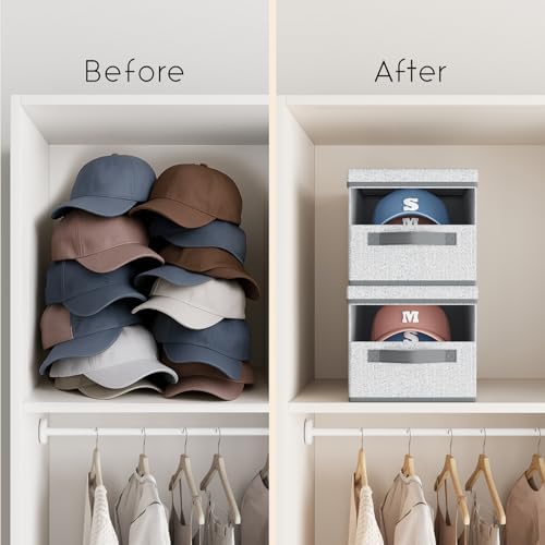 Homsorout Hat Organizer for Baseball Caps - 3 Pack Stackable Foldable Protective Lids Hat Storage Box with Clear Window Baseball cap organizer for Closet, Bedroom, Rv, Ant Gray